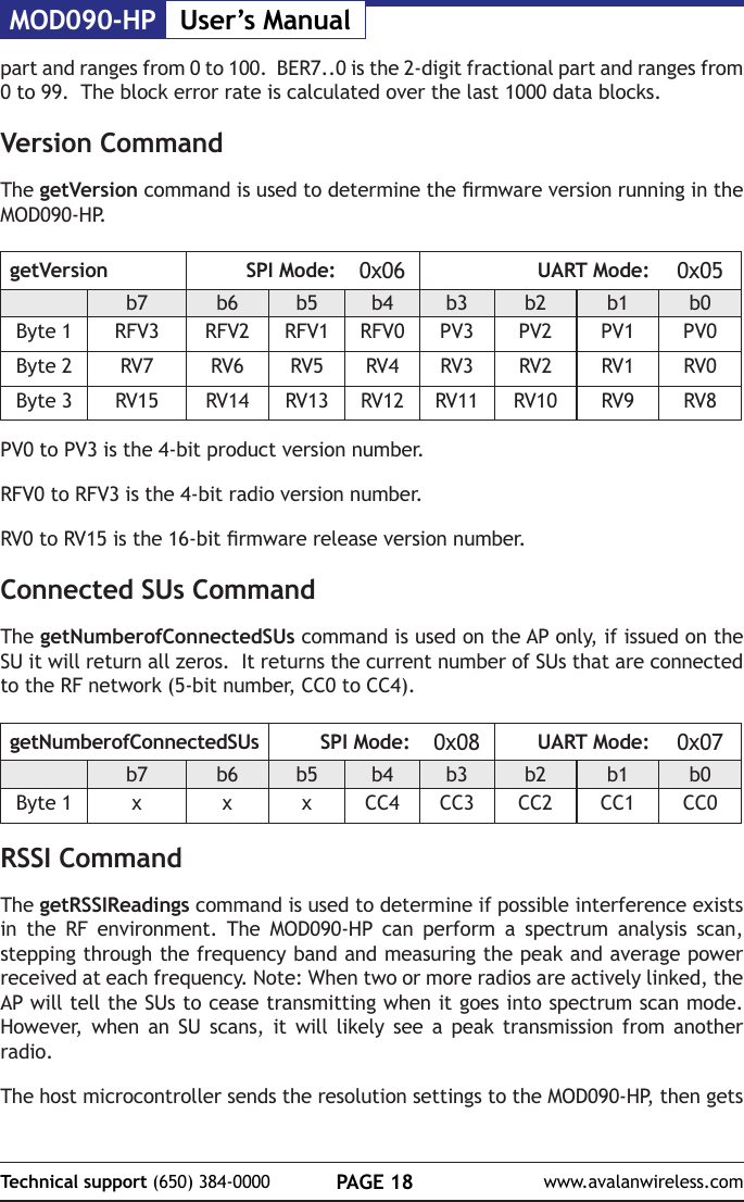 MOD090-HP User&rsquo;s ManualPAGE 18Technical support (650) 384-0000 www.avalanwireless.compart and ranges from 0 to 100.  BER7..0 is the 2-digit fractional part and ranges from 0 to 99.  The block error rate is calculated over the last 1000 data blocks.Version CommandThe getVersion command is used to determine the rmware version running in the MOD090-HP.getVersion SPI Mode: 0x06 UART Mode: 0x05b7 b6 b5 b4 b3 b2 b1 b0Byte 1 RFV3 RFV2 RFV1 RFV0 PV3 PV2 PV1 PV0Byte 2 RV7 RV6 RV5 RV4 RV3 RV2 RV1 RV0Byte 3 RV15 RV14 RV13 RV12 RV11 RV10 RV9 RV8PV0 to PV3 is the 4-bit product version number.RFV0 to RFV3 is the 4-bit radio version number.RV0 to RV15 is the 16-bit rmware release version number.Connected SUs CommandThe getNumberofConnectedSUs command is used on the AP only, if issued on the SU it will return all zeros.  It returns the current number of SUs that are connected to the RF network (5-bit number, CC0 to CC4).getNumberofConnectedSUs SPI Mode: 0x08 UART Mode: 0x07b7 b6 b5 b4 b3 b2 b1 b0Byte 1 x x x CC4 CC3 CC2 CC1 CC0RSSI CommandThe getRSSIReadings command is used to determine if possible interference exists in the RF environment. The MOD090-HP can perform a spectrum analysis scan, stepping through the frequency band and measuring the peak and average power received at each frequency. Note: When two or more radios are actively linked, the AP will tell the SUs to cease transmitting when it goes into spectrum scan mode. However, when an SU scans, it will likely see a peak transmission from another radio.The host microcontroller sends the resolution settings to the MOD090-HP, then gets 