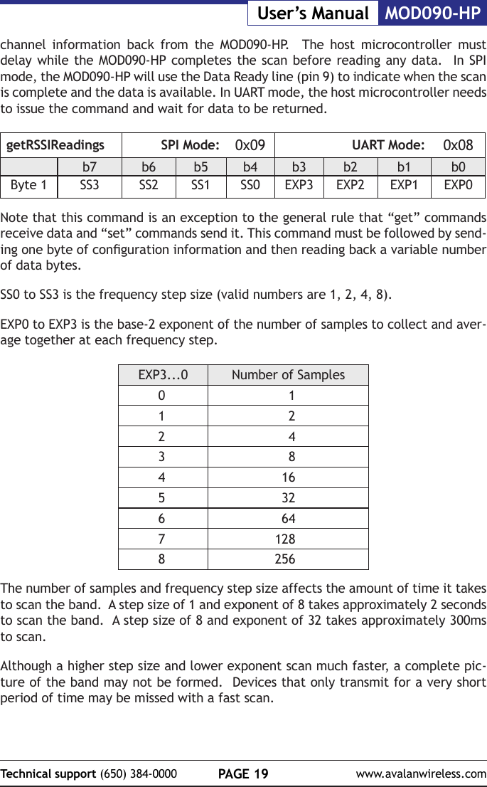 PAGE 19Technical support (650) 384-0000 www.avalanwireless.comMOD090-HPUser&rsquo;s Manualchannel information back from the MOD090-HP.  The host microcontroller must delay while the MOD090-HP completes the scan before reading any data.  In SPI mode, the MOD090-HP will use the Data Ready line (pin 9) to indicate when the scan is complete and the data is available. In UART mode, the host microcontroller needs to issue the command and wait for data to be returned.getRSSIReadings SPI Mode: 0x09 UART Mode: 0x08b7 b6 b5 b4 b3 b2 b1 b0Byte 1 SS3 SS2 SS1 SS0 EXP3 EXP2 EXP1 EXP0Note that this command is an exception to the general rule that &ldquo;get&rdquo; commands receive data and &ldquo;set&rdquo; commands send it. This command must be followed by send-ing one byte of conguration information and then reading back a variable number of data bytes.SS0 to SS3 is the frequency step size (valid numbers are 1, 2, 4, 8).EXP0 to EXP3 is the base-2 exponent of the number of samples to collect and aver-age together at each frequency step.EXP3...0 Number of Samples0 11 22 43 841653266471288256The number of samples and frequency step size affects the amount of time it takes to scan the band.  A step size of 1 and exponent of 8 takes approximately 2 seconds to scan the band.  A step size of 8 and exponent of 32 takes approximately 300ms to scan.  Although a higher step size and lower exponent scan much faster, a complete pic-ture of the band may not be formed.  Devices that only transmit for a very short period of time may be missed with a fast scan.  