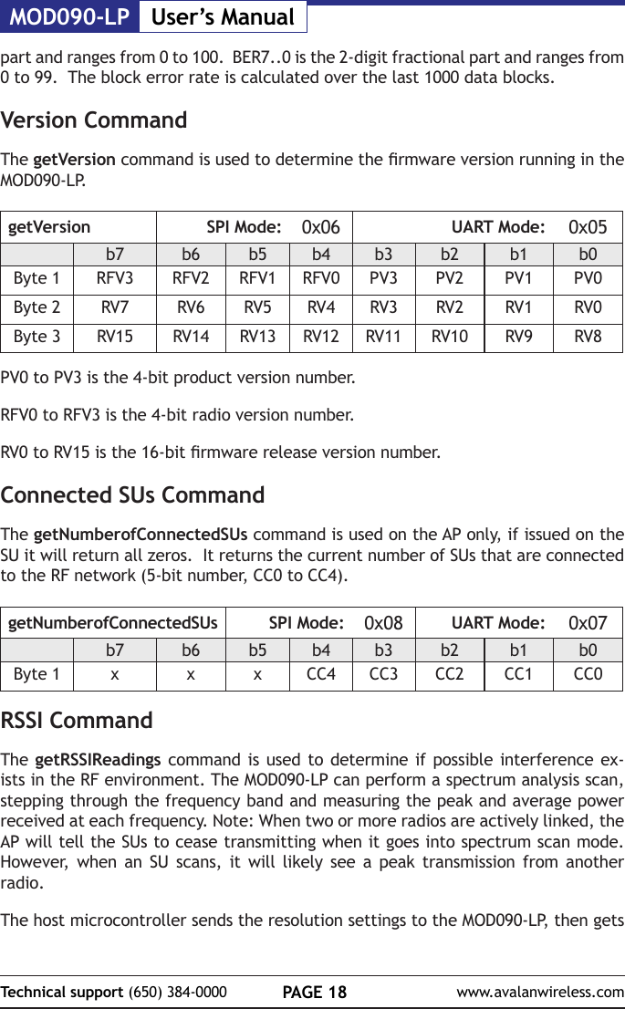 MOD090-LP User&rsquo;s ManualPAGE 18Technical support (650) 384-0000 www.avalanwireless.compart and ranges from 0 to 100.  BER7..0 is the 2-digit fractional part and ranges from 0 to 99.  The block error rate is calculated over the last 1000 data blocks.Version CommandThe getVersion command is used to determine the rmware version running in the MOD090-LP.getVersion SPI Mode: 0x06 UART Mode: 0x05b7 b6 b5 b4 b3 b2 b1 b0Byte 1 RFV3 RFV2 RFV1 RFV0 PV3 PV2 PV1 PV0Byte 2 RV7 RV6 RV5 RV4 RV3 RV2 RV1 RV0Byte 3 RV15 RV14 RV13 RV12 RV11 RV10 RV9 RV8PV0 to PV3 is the 4-bit product version number.RFV0 to RFV3 is the 4-bit radio version number.RV0 to RV15 is the 16-bit rmware release version number.Connected SUs CommandThe getNumberofConnectedSUs command is used on the AP only, if issued on the SU it will return all zeros.  It returns the current number of SUs that are connected to the RF network (5-bit number, CC0 to CC4).getNumberofConnectedSUs SPI Mode: 0x08 UART Mode: 0x07b7 b6 b5 b4 b3 b2 b1 b0Byte 1 x x x CC4 CC3 CC2 CC1 CC0RSSI CommandThe getRSSIReadings command is used to determine if possible interference ex-ists in the RF environment. The MOD090-LP can perform a spectrum analysis scan, stepping through the frequency band and measuring the peak and average power received at each frequency. Note: When two or more radios are actively linked, the AP will tell the SUs to cease transmitting when it goes into spectrum scan mode. However, when an SU scans, it will likely see a peak transmission from another radio.The host microcontroller sends the resolution settings to the MOD090-LP, then gets 