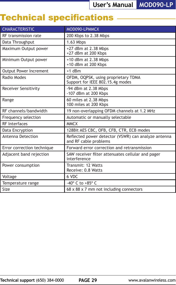 PAGE 29Technical support (650) 384-0000 www.avalanwireless.comMOD090-LPUser&rsquo;s ManualTechnical specicationsCHARACTERISTIC MOD090-LPMMCXRF transmission rate 200 Kbps to 2.38 MbpsData Throughput 1.63 MbpsMaximum Output power +27 dBm at 2.38 Mbps+27 dBm at 200 KbpsMinimum Output power +10 dBm at 2.38 Mbps+10 dBm at 200 KbpsOutput Power Increment +1 dBmRadio Modes OFDM, OQPSK, using proprietary TDMASupport for IEEE 802.15.4g modes Receiver Sensitivity -94 dBm at 2.38 Mbps-107 dBm at 200 KbpsRange 60 miles at 2.38 Mbps100 miles at 200 Kbps RF channels/bandwidth 19 non-overlapping OFDM channels at 1.2 MHzFrequency selection Automatic or manually selectableRF Interfaces MMCXData Encryption 128Bit AES CBC, OFB, CFB, CTR, ECB modesAntenna Detection Reected power detector (VSWR) can analyze antenna and RF cable problemsError correction technique Forward error correction and retransmissionAdjacent band rejection SAW receiver lter attenuates cellular and pager interferencePower consumption Transmit: 12 Watts    Receive: 0.8 WattsVoltage 6 VDCTemperature range -40&ordm; C to +85&ordm; CSize 68 x 88 x 7 mm not including connectors