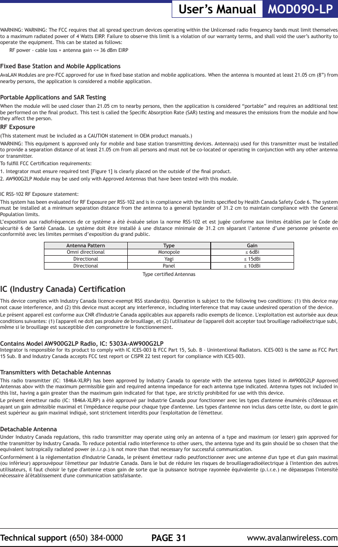 PAGE 31Technical support (650) 384-0000 www.avalanwireless.comMOD090-LPUser&rsquo;s ManualWARNING: WARNING: The FCC requires that all spread spectrum devices operating within the Unlicensed radio frequency bands must limit themselves to a maximum radiated power of 4 Watts EIRP. Failure to observe this limit is a violation of our warranty terms, and shall void the user&rsquo;s authority to operate the equipment. This can be stated as follows:RF power - cable loss + antenna gain <= 36 dBm EIRPFixed Base Station and Mobile ApplicationsAvaLAN Modules are pre-FCC approved for use in xed base station and mobile applications. When the antenna is mounted at least 21.05 cm (8&rdquo;) from nearby persons, the application is considered a mobile application.Portable Applications and SAR TestingWhen the module will be used closer than 21.05 cm to nearby persons, then the application is considered &ldquo;portable&rdquo; and requires an additional test be performed on the nal product. This test is called the Specic Absorption Rate (SAR) testing and measures the emissions from the module and how they affect the person.RF Exposure(This statement must be included as a CAUTION statement in OEM product manuals.) WARNING: This equipment is approved only for mobile and base station transmitting devices. Antenna(s) used for this transmitter must be installed to provide a separation distance of at least 21.05 cm from all persons and must not be co-located or operating in conjunction with any other antenna or transmitter.To fulll FCC Certication requirements:1. Integrator must ensure required text [Figure 1] is clearly placed on the outside of the nal product.2. AW900G2LP Module may be used only with Approved Antennas that have been tested with this module. IC RSS-102 RF Exposure statement:This system has been evaluated for RF Exposure per RSS-102 and is in compliance with the limits specied by Health Canada Safety Code 6. The system must be installed at a minimum separation distance from the antenna to a general bystander of 31.2 cm to maintain compliance with the General Population limits.L&rsquo;exposition aux radiofr&eacute;quences de ce syst&egrave;me a &eacute;t&eacute; &eacute;valu&eacute;e selon la norme RSS-102 et est jug&eacute;e conforme aux limites &eacute;tablies par le Code de s&eacute;curit&eacute; 6 de Sant&eacute; Canada. Le syst&egrave;me doit &ecirc;tre install&eacute; &agrave; une distance minimale de 31.2 cm s&eacute;parant l&rsquo;antenne d&rsquo;une personne pr&eacute;sente en conformit&eacute; avec les limites permises d&rsquo;exposition du grand public.Antenna Pattern Type GainOmni directional Monopole &le; 6dBiDirectional Yagi &le; 15dBiDirectional Panel &le; 10dBiType certied AntennasIC (Industry Canada) CerticationThis device complies with Industry Canada licence-exempt RSS standard(s). Operation is subject to the following two conditions: (1) this device may not cause interference, and (2) this device must accept any interference, including interference that may cause undesired operation of the device.Le pr&eacute;sent appareil est conforme aux CNR d'Industrie Canada applicables aux appareils radio exempts de licence. L'exploitation est autoris&eacute;e aux deux conditions suivantes: (1) l'appareil ne doit pas produire de brouillage, et (2) l'utilisateur de l'appareil doit accepter tout brouillage radio&eacute;lectrique subi, m&ecirc;me si le brouillage est susceptible d'en compromettre le fonctionnement.Contains Model AW900G2LP Radio, IC: 5303A-AW900G2LPIntegrator is responsible for its product to comply with IC ICES-003 &amp; FCC Part 15, Sub. B - Unintentional Radiators. ICES-003 is the same as FCC Part 15 Sub. B and Industry Canada accepts FCC test report or CISPR 22 test report for compliance with ICES-003.Transmitters with Detachable Antennas This radio transmitter (IC: 1846A-XLRP) has been approved by Industry Canada to operate with the antenna types listed in AW900G2LP Approved Antennas abov with the maximum permissible gain and required antenna impedance for each antenna type indicated. Antenna types not included in this list, having a gain greater than the maximum gain indicated for that type, are strictly prohibited for use with this device.Le pr&eacute;sent &eacute;metteur radio (IC: 1846A-XLRP) a &eacute;t&eacute; approuv&eacute; par Industrie Canada pour fonctionner avec les types d'antenne &eacute;num&eacute;r&eacute;s ci?dessous et ayant un gain admissible maximal et l'imp&eacute;dance requise pour chaque type d'antenne. Les types d'antenne non inclus dans cette liste, ou dont le gain est sup&eacute;rieur au gain maximal indiqu&eacute;, sont strictement interdits pour l'exploitation de l'&eacute;metteur.Detachable AntennaUnder Industry Canada regulations, this radio transmitter may operate using only an antenna of a type and maximum (or lesser) gain approved for the transmitter by Industry Canada. To reduce potential radio interference to other users, the antenna type and its gain should be so chosen that the equivalent isotropically radiated power (e.i.r.p.) is not more than that necessary for successful communication.Conform&eacute;ment &agrave; la r&eacute;glementation d'Industrie Canada, le pr&eacute;sent &eacute;metteur radio peutfonctionner avec une antenne d'un type et d'un gain maximal (ou inf&eacute;rieur) approuv&eacute;pour l'&eacute;metteur par Industrie Canada. Dans le but de r&eacute;duire les risques de brouillageradio&eacute;lectrique &agrave; l'intention des autres utilisateurs, il faut choisir le type d'antenne etson gain de sorte que la puissance isotrope rayonn&eacute;e &eacute;quivalente (p.i.r.e.) ne d&eacute;passepas l'intensit&eacute; n&eacute;cessaire &agrave;l'&eacute;tablissement d'une communication satisfaisante.