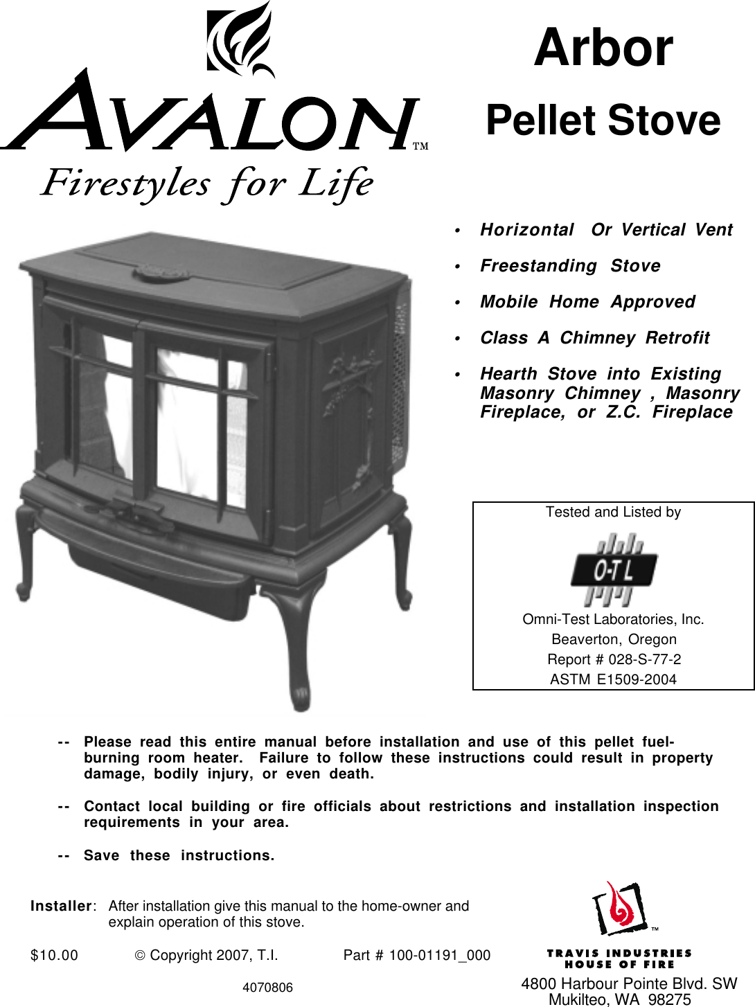 Avalon Stoves Arbor Ps Users Manual