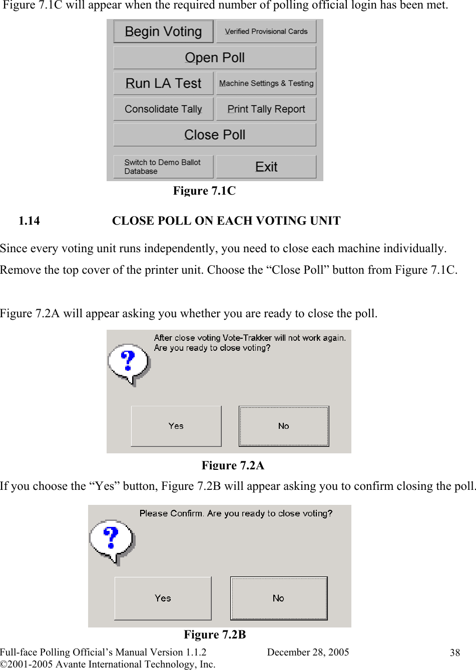    Full-face Polling Official’s Manual Version 1.1.2                       December 28, 2005 ©2001-2005 Avante International Technology, Inc.   38  Figure 7.1C will appear when the required number of polling official login has been met.          1.14  CLOSE POLL ON EACH VOTING UNIT Since every voting unit runs independently, you need to close each machine individually.  Remove the top cover of the printer unit. Choose the “Close Poll” button from Figure 7.1C.  Figure 7.2A will appear asking you whether you are ready to close the poll.        If you choose the “Yes” button, Figure 7.2B will appear asking you to confirm closing the poll.        Figure 7.2AFigure 7.2B Figure 7.1C