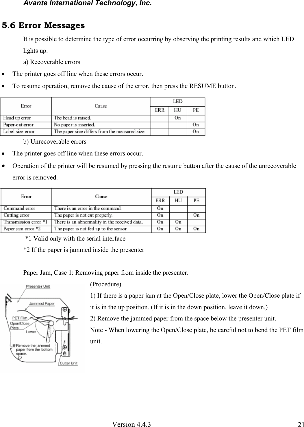 Avante International Technology, Inc. Version 4.4.3 215.6 Error Messages It is possible to determine the type of error occurring by observing the printing results and which LED lights up. a) Recoverable errors • The printer goes off line when these errors occur. • To resume operation, remove the cause of the error, then press the RESUME button. b) Unrecoverable errors • The printer goes off line when these errors occur. • Operation of the printer will be resumed by pressing the resume button after the cause of the unrecoverable error is removed. *1 Valid only with the serial interface *2 If the paper is jammed inside the presenter Paper Jam, Case 1: Removing paper from inside the presenter. (Procedure) 1) If there is a paper jam at the Open/Close plate, lower the Open/Close plate if it is in the up position. (If it is in the down position, leave it down.) 2) Remove the jammed paper from the space below the presenter unit. Note - When lowering the Open/Close plate, be careful not to bend the PET film unit.