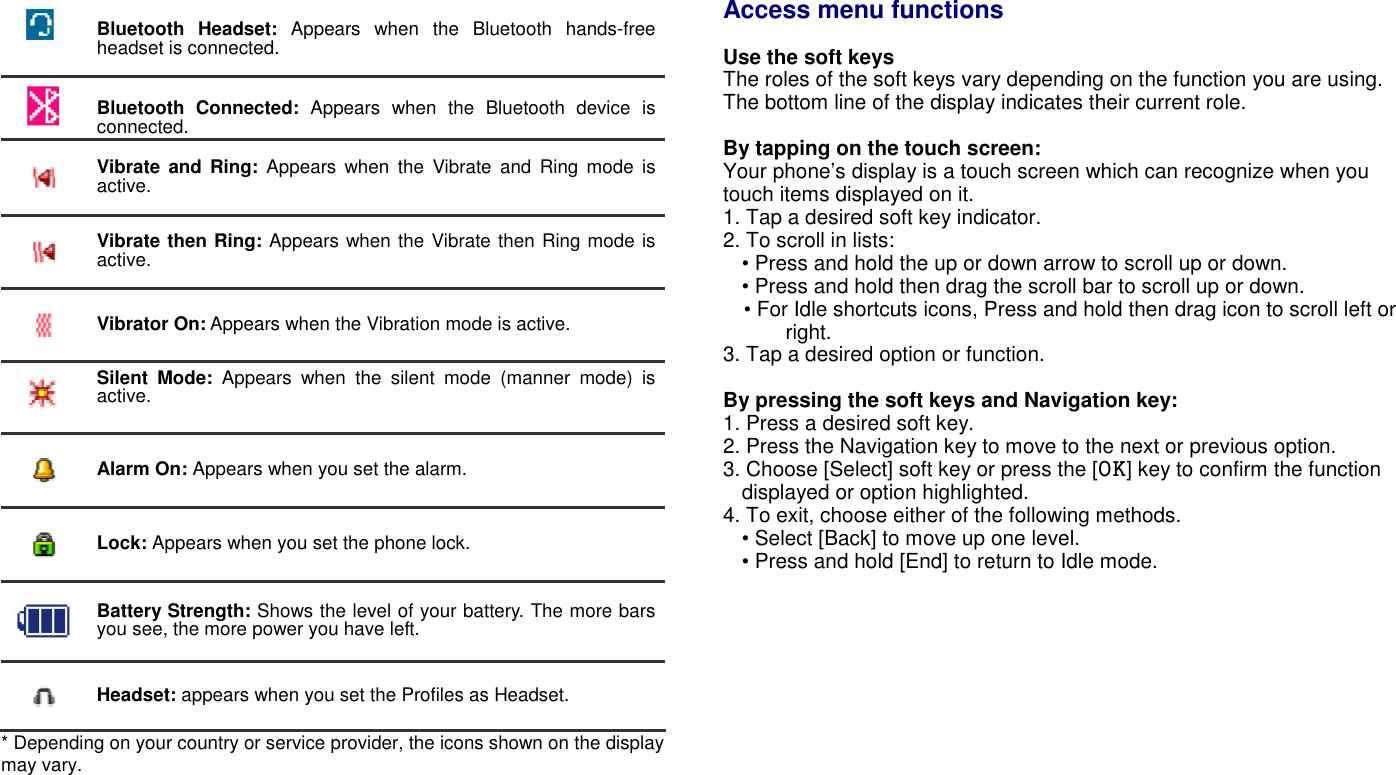   Bluetooth  Headset:  Appears  when  the  Bluetooth  hands-free headset is connected.   Bluetooth  Connected:  Appears  when  the  Bluetooth  device  is connected.  Vibrate and  Ring: Appears when  the  Vibrate  and  Ring  mode  is active.  Vibrate then Ring: Appears when the Vibrate then Ring mode is active.  Vibrator On: Appears when the Vibration mode is active.    Silent  Mode:  Appears  when  the  silent  mode  (manner  mode)  is active.   Alarm On: Appears when you set the alarm.  Lock: Appears when you set the phone lock.  Battery Strength: Shows the level of your battery. The more bars you see, the more power you have left.  Headset: appears when you set the Profiles as Headset. * Depending on your country or service provider, the icons shown on the display may vary.     Access menu functions  Use the soft keys The roles of the soft keys vary depending on the function you are using. The bottom line of the display indicates their current role.  By tapping on the touch screen: Your phone&rsquo;s display is a touch screen which can recognize when you touch items displayed on it. 1. Tap a desired soft key indicator. 2. To scroll in lists: &bull; Press and hold the up or down arrow to scroll up or down. &bull; Press and hold then drag the scroll bar to scroll up or down. &bull; For Idle shortcuts icons, Press and hold then drag icon to scroll left or right. 3. Tap a desired option or function.  By pressing the soft keys and Navigation key: 1. Press a desired soft key. 2. Press the Navigation key to move to the next or previous option. 3. Choose [Select] soft key or press the [OK] key to confirm the function displayed or option highlighted. 4. To exit, choose either of the following methods. &bull; Select [Back] to move up one level. &bull; Press and hold [End] to return to Idle mode.    