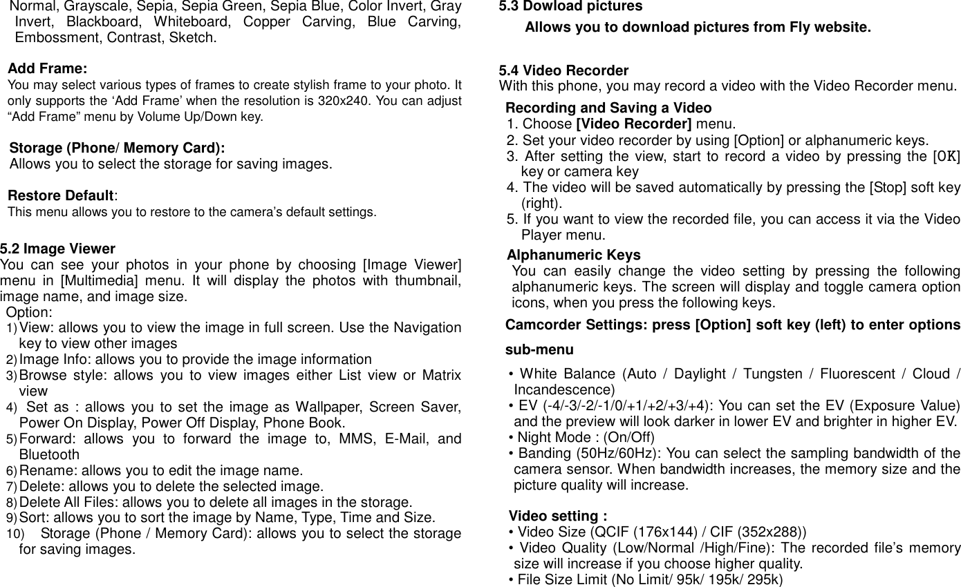 Normal, Grayscale, Sepia, Sepia Green, Sepia Blue, Color Invert, Gray Invert,  Blackboard,  Whiteboard,  Copper  Carving,  Blue  Carving, Embossment, Contrast, Sketch.  Add Frame:   You may select various types of frames to create stylish frame to your photo. It only supports the &lsquo;Add Frame&rsquo; when the resolution is 320x240. You can adjust &ldquo;Add Frame&rdquo; menu by Volume Up/Down key.  Storage (Phone/ Memory Card):   Allows you to select the storage for saving images.  Restore Default:   This menu allows you to restore to the camera&rsquo;s default settings.  5.2 Image Viewer You  can  see  your  photos  in  your  phone  by  choosing  [Image  Viewer] menu  in  [Multimedia]  menu.  It  will  display  the  photos  with  thumbnail, image name, and image size. Option: 1) View: allows you to view the image in full screen. Use the Navigation key to view other images 2) Image Info: allows you to provide the image information 3) Browse  style:  allows  you  to  view  images  either  List  view  or  Matrix view 4)   Set as : allows  you to set the image as Wallpaper, Screen Saver, Power On Display, Power Off Display, Phone Book. 5) Forward:  allows  you  to  forward  the  image  to,  MMS,  E-Mail,  and Bluetooth 6) Rename: allows you to edit the image name. 7) Delete: allows you to delete the selected image. 8) Delete All Files: allows you to delete all images in the storage. 9) Sort: allows you to sort the image by Name, Type, Time and Size. 10) Storage (Phone / Memory Card): allows you to select the storage for saving images.     5.3 Dowload pictures   Allows you to download pictures from Fly website.  5.4 Video Recorder With this phone, you may record a video with the Video Recorder menu. Recording and Saving a Video 1. Choose [Video Recorder] menu. 2. Set your video recorder by using [Option] or alphanumeric keys.     3. After setting the view, start to record  a video by pressing the [OK] key or camera key 4. The video will be saved automatically by pressing the [Stop] soft key (right). 5. If you want to view the recorded file, you can access it via the Video Player menu. Alphanumeric Keys You  can  easily  change  the  video  setting  by  pressing  the  following alphanumeric keys. The screen will display and toggle camera option icons, when you press the following keys. Camcorder Settings: press [Option] soft key (left) to enter options sub-menu &bull;  White  Balance  (Auto  /  Daylight  /  Tungsten  /  Fluorescent  /  Cloud  / Incandescence)   &bull; EV (-4/-3/-2/-1/0/+1/+2/+3/+4): You can set the EV (Exposure Value) and the preview will look darker in lower EV and brighter in higher EV. &bull; Night Mode : (On/Off) &bull; Banding (50Hz/60Hz): You can select the sampling bandwidth of the camera sensor. When bandwidth increases, the memory size and the picture quality will increase.  Video setting :   &bull; Video Size (QCIF (176x144) / CIF (352x288))   &bull; Video Quality (Low/Normal /High/Fine): The recorded file&rsquo;s memory size will increase if you choose higher quality. &bull; File Size Limit (No Limit/ 95k/ 195k/ 295k)  