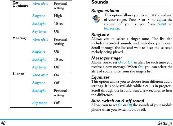 48 SettingsSoundsRinger volumeThis option allows you to adjust the volumeof your ringer. Press + or -  to adjust thevolume of your ringer from Silent toIncreasing.RingtoneAllows you to select a ringer tone. The list alsoincludes recorded sounds and melodies you saved.Scroll through the list and wait to hear the selectedmelody being played.Messages ringerAllows you to set On or Off an alert for each time youreceive a new message. When On, you can select thealert of your choice from the ringers list.EqualizerThis option allows you to choose from different audiosettings. It is only available while a call is in progress.Scroll through the list and wait a few seconds to hearthe difference.Auto switch on &amp; off soundAllows you to set On or Off the sounds of your mobilephone when you switch it on or off.Car, Outdoors Vibra alert PersonalsettingRingtone HighBacklight 10 secKey tones OffMeeting Vibra alert PersonalsettingRingtone OffBacklight 10 secKey tones OffSilence Vibra alert OnRingtone OffBacklight PersonalsettingKey tones Off