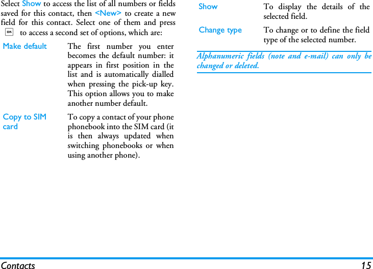Contacts 15Select Show to access the list of all numbers or fieldssaved for this contact, then <New> to create a newfield for this contact. Select one of them and press, to access a second set of options, which are:Alphanumeric fields (note and e-mail) can only bechanged or deleted.Make default The first number you enterbecomes the default number: itappears in first position in thelist and is automatically dialledwhen pressing the pick-up key.This option allows you to makeanother number default.Copy to SIM cardTo copy a contact of your phonephonebook into the SIM card (itis then always updated whenswitching phonebooks or whenusing another phone).Show To display the details of theselected field.Change type To change or to define the fieldtype of the selected number.
