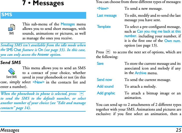 Messages 257 &bull; MessagesThis sub-menu of the Messages menuallows you to send short messages, withsounds, animations or pictures, as wellas manage the ones you receive.Sending SMS isn&rsquo;t available from the idle mode whenthe SMS Chat feature is On (see page 33). In this case,you can only access the Answer option.Send SMSThis menu allows you to send an SMSto a contact of your choice, whethersaved in your phonebook or not (in thiscase, simply select <New> in the contacts list andenter a number).When the phonebook in phone is selected, press ,to send the SMS to the default number, or selectanother number of your choice (see &ldquo;Edit and managecontacts&rdquo; page 14).You can choose from three different types of messages:Press, to access the next set of options, which arethe following:You can send up to 2 attachments of 2 different typestogether with your SMS. Animations and pictures areexclusive: if you first select an animation, then aSMSSMSSend SMS<New>To send a new message.Last messageTo edit, modify and re-send the lastmessage you have sent.Te m p l a t eTo select a pre-configured message,such as Can you ring me back at thisnumber.. including your number, ifit is the first one of the Own num.option (see page 13).SaveTo store the current message and itsassociated icon and melody if anyin the Archive menu.Send nowTo send the current message.Add soundTo attach a melody.Add graphicTo attach a bitmap image or ananimation.