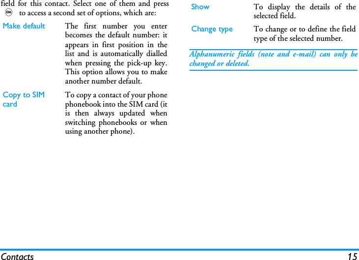 Contacts 15field for this contact. Select one of them and press, to access a second set of options, which are:Alphanumeric fields (note and e-mail) can only bechanged or deleted.Make default The first number you enterbecomes the default number: itappears in first position in thelist and is automatically dialledwhen pressing the pick-up key.This option allows you to makeanother number default.Copy to SIM cardTo copy a contact of your phonephonebook into the SIM card (itis then always updated whenswitching phonebooks or whenusing another phone).Show To display the details of theselected field.Change type To change or to define the fieldtype of the selected number.