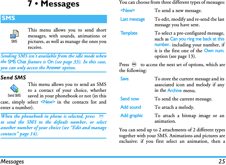 Messages 257 &bull; MessagesThis menu allows you to send shortmessages, with sounds, animations orpictures, as well as manage the ones youreceive.Sending SMS isn&rsquo;t available from the idle mode whenthe SMS Chat feature is On (see page 33). In this case,you can only access the Answer option.Send SMSThis menu allows you to send an SMSto a contact of your choice, whethersaved in your phonebook or not (in thiscase, simply select <New> in the contacts list andenter a number).When the phonebook in phone is selected, press ,to send the SMS to the default number, or selectanother number of your choice (see &ldquo;Edit and managecontacts&rdquo; page 14).You can choose from three different types of messages:Press, to access the next set of options, which arethe following:You can send up to 2 attachments of 2 different typestogether with your SMS. Animations and pictures areexclusive: if you first select an animation, then aSMSSMSSend SMS<New>To send a new message.Last messageTo edit, modify and re-send the lastmessage you have sent.Te m p l a t eTo select a pre-configured message,such as Can you ring me back at thisnumber.. including your number, ifit is the first one of the Own num.option (see page 13).SaveTo store the current message and itsassociated icon and melody if anyin the Archive menu.Send nowTo send the current message.Add soundTo attach a melody.Add graphicTo attach a bitmap image or ananimation.