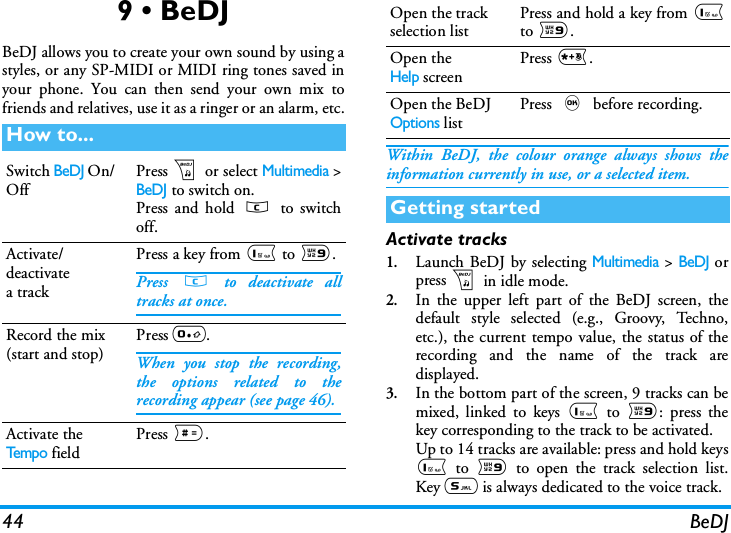 44 BeDJ9 &bull; BeDJBeDJ allows you to create your own sound by using astyles, or any SP-MIDI or MIDI ring tones saved inyour phone. You can then send your own mix tofriends and relatives, use it as a ringer or an alarm, etc.Within BeDJ, the colour orange always shows theinformation currently in use, or a selected item.Activate tracks1.Launch BeDJ by selecting Multimedia > BeDJ orpressb in idle mode.2.In the upper left part of the BeDJ screen, thedefault style selected (e.g., Groovy, Techno,etc.), the current tempo value, the status of therecording and the name of the track aredisplayed.3.In the bottom part of the screen, 9 tracks can bemixed, linked to keys 1 to 9: press thekey corresponding to the track to be activated.Up to 14 tracks are available: press and hold keys1 to 9 to open the track selection list.Key 5 is always dedicated to the voice track.How to...Switch BeDJ On/OffPressb or select Multimedia >BeDJ to switch on.Press and hold c to switchoff.Activate/deactivatea trackPress a key from 1 to 9.Press c to deactivate alltracks at once.Record the mix(start and stop)Press 0.When you stop the recording,the options related to therecording appear (see page 46).Activate theTe m p o fieldPress #.Open the trackselection listPress and hold a key from 1to 9.Open theHelp screenPress *.Open the BeDJ Options listPress , before recording.Getting started