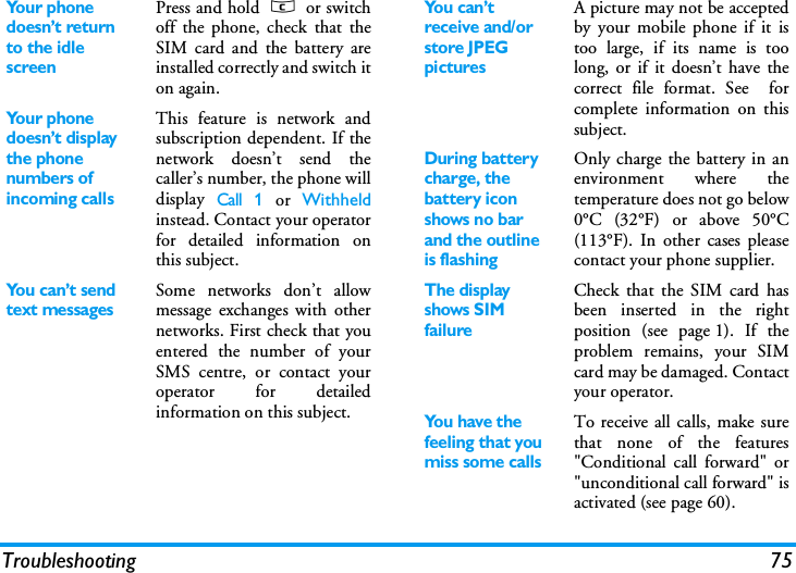 Troubleshooting 75Your phone doesn&rsquo;t return to the idle screenPress and hold c or switchoff the phone, check that theSIM card and the battery areinstalled correctly and switch iton again.Your phone doesn&rsquo;t display the phone numbers of incoming callsThis feature is network andsubscription dependent. If thenetwork doesn&rsquo;t send thecaller&rsquo;s number, the phone willdisplay Call 1 or Withheldinstead. Contact your operatorfor detailed information onthis subject.You can&rsquo;t send text messagesSome networks don&rsquo;t allowmessage exchanges with othernetworks. First check that youentered the number of yourSMS centre, or contact youroperator for detailedinformation on this subject.Yo u  c a n &rsquo; t  receive and/or store JPEG picturesA picture may not be acceptedby your mobile phone if it istoo large, if its name is toolong, or if it doesn&rsquo;t have thecorrect file format. See  forcomplete information on thissubject.During battery charge, the battery icon shows no bar and the outline is flashingOnly charge the battery in anenvironment where thetemperature does not go below0&deg;C (32&deg;F) or above 50&deg;C(113&deg;F). In other cases pleasecontact your phone supplier.The display shows SIM failureCheck that the SIM card hasbeen inserted in the rightposition (see page 1). If theproblem remains, your SIMcard may be damaged. Contactyour operator.You have the feeling that you miss some callsTo receive all calls, make surethat none of the features"Conditional call forward" or"unconditional call forward" isactivated (see page 60). 