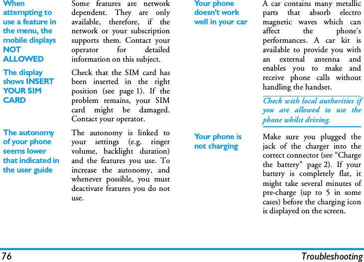 76 TroubleshootingWhen attempting to use a feature in the menu, the mobile displays NOT ALLOWEDSome features are networkdependent. They are onlyavailable, therefore, if thenetwork or your subscriptionsupports them. Contact youroperator for detailedinformation on this subject.The display shows INSERT YOUR S IM CARDCheck that the SIM card hasbeen inserted in the rightposition (see page 1). If theproblem remains, your SIMcard might be damaged.Contact your operator.The autonomy of your phone seems lower that indicated in the user guideThe autonomy is linked toyour settings (e.g. ringervolume, backlight duration)and the features you use. Toincrease the autonomy, andwhenever possible, you mustdeactivate features you do notuse.Your phone doesn&rsquo;t work well in your carA car contains many metallicparts that absorb electromagnetic waves which canaffect the phone&rsquo;sperformances. A car kit isavailable to provide you withan external antenna andenables you to make andreceive phone calls withouthandling the handset.Check with local authorities ifyou are allowed to use thephone whilst driving.Your phone is not chargingMake sure you plugged thejack of the charger into thecorrect connector (see &ldquo;Chargethe battery&rdquo; page 2). If yourbattery is completely flat, itmight take several minutes ofpre-charge (up to 5 in somecases) before the charging iconis displayed on the screen.
