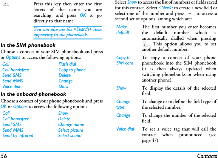 56 ContactsIn the SIM phonebookChoose a contact in your SIM phonebook and pressor Options to access the following options:In the onboard phonebookChoose a contact of your phone phonebook and pressOK or Options to access the following options:Select Show to access the list of numbers or fields savedfor this contact. Select <New> to create a new field orselect one of the number and press , to access asecond set of options, among which are:#Press this key then enter the firstletters of the name you aresearching, and press OK to godirectly to that name.You can also use the <Search> itemappearing in the phonebook.CallCall handsfreeSend SMSSend MMSVoice dialFlash dialCopy to phoneDeleteChangeShowCallCall handsfreeSend SMSSend MMSSend by infraredShowDeleteChange nameSelect pictureSelect soundMake defaultThe first number you enter becomesthe default number which isautomatically dialled when pressing(. This option allows you to setanother default number.Copy to SIM cardTo copy a contact of your phonephonebook into the SIM phonebook(it is then always updated whenswitching phonebooks or when usinganother phone).Show To display the details of the selectedfield.Change typeTo change or to define the field type ofthe selected number.Change To change the number of the selectedfield.Voice dial To set a voice tag that will call thecontact when pronounced (seepage 47).