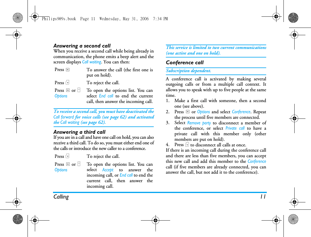 Calling 11Answering a second callWhen you receive a second call while being already incommunication, the phone emits a beep alert and thescreen displays Call waiting. You can then:To receive a second call, you must have deactivated theCall forward for voice calls (see page 62) and activatedthe Call waiting (see page 62).Answering a third callIf you are in a call and have one call on hold, you can alsoreceive a third call. To do so, you must either end one ofthe calls or introduce the new caller to a conference.This service is limited to two current communications(one active and one on hold).Conference callSubscription dependent.A conference call is activated by making severaloutgoing calls or from a multiple call context. Itallows you to speak with up to five people at the sametime. 1. Make a first call with someone, then a secondone (see above).2. Press , or Options and select Conference. Repeatthe process until five members are connected. 3. Select Remove party to disconnect a member ofthe conference, or select Private call to have aprivate call with this member only (othermembers are put on hold).4. Press ) to disconnect all calls at once.If there is an incoming call during the conference calland there are less than five members, you can acceptthis new call and add this member to the Conferencecall (if five members are already connected, you cananswer the call, but not add it to the conference).Press ,To answer the call (the first one isput on hold).Press )To reject the call.Press , or LOptionsTo open the options list. You canselect End call to end the currentcall, then answer the incoming call.Press )To reject the call.Press , or LOptionsTo open the options list. You canselect Accept to answer theincoming call, or End call to end thecurrent call, then answer theincoming call.Philips9@9s.book  Page 11  Wednesday, May 31, 2006  7:34 PM