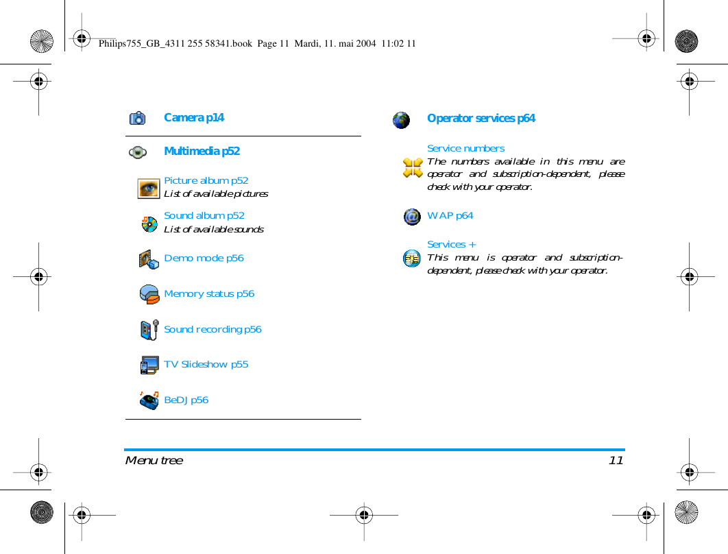 Menu tree 11Camera p14Multimedia p52Picture album p52List of available picturesSound album p52List of available soundsDemo mode p56Memory status p56Sound recording p56TV Slideshow p55BeDJ p56Operator services p64Service numbersThe numbers available in this menu areoperator and subscription-dependent, pleasecheck with your operator.WAP p64Services +This menu is operator and subscription-dependent, please check with your operator.Philips755_GB_4311 255 58341.book  Page 11  Mardi, 11. mai 2004  11:02 11