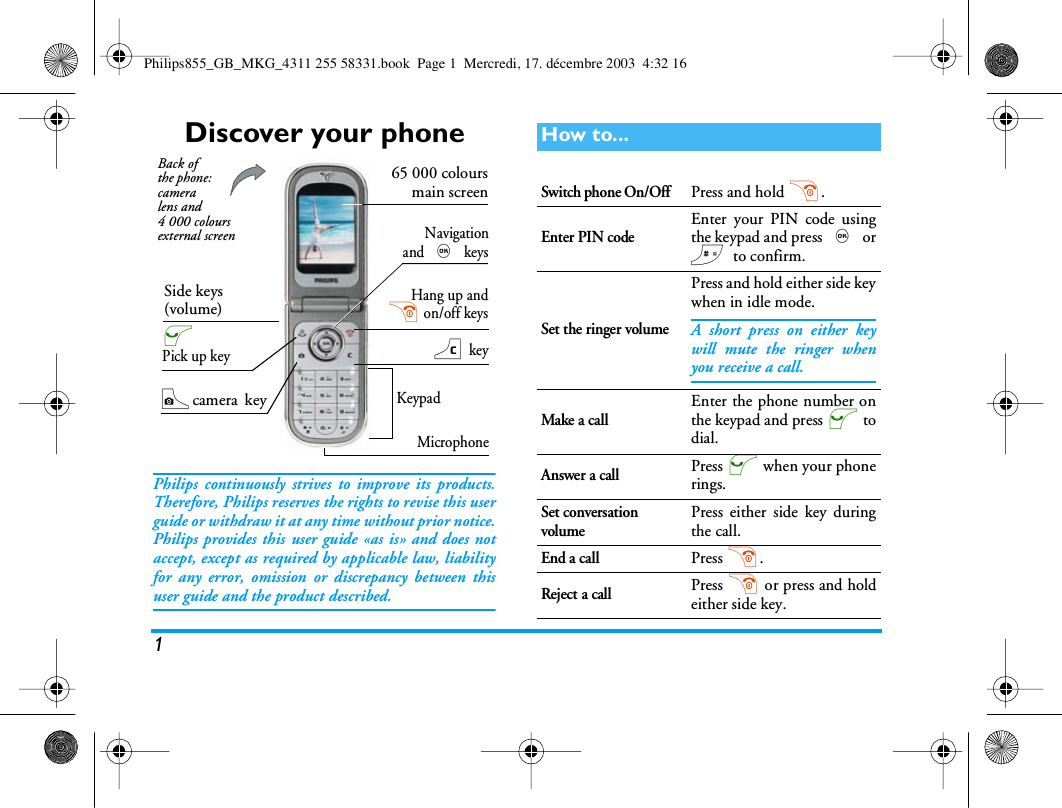 1Discover your phonePhilips continuously strives to improve its products.Therefore, Philips reserves the rights to revise this userguide or withdraw it at any time without prior notice.Philips provides this user guide &laquo;as is&raquo; and does notaccept, except as required by applicable law, liabilityfor any error, omission or discrepancy between thisuser guide and the product described.KeypadMicrophoneNavigationand , keys65 000 coloursmain screenCcamera  keyc key(Pick up keyHang up and) on/off keysSide keys(volume)Back of the phone: camera lens and 4000 colours external screenHow to...Switch phone On/OffPress and hold ).Enter PIN codeEnter your PIN code usingthe keypad and press , or# to confirm.Set the ringer volumePress and hold either side keywhen in idle mode.A short press on either keywill mute the ringer whenyou receive a call.Make a callEnter the phone number onthe keypad and press ( todial.Answer a callPress ( when your phonerings.Set conversationvolumePress either side key duringthe call.End a callPress ).Reject a callPress ) or press and holdeither side key.Philips855_GB_MKG_4311 255 58331.book  Page 1  Mercredi, 17. d&eacute;cembre 2003  4:32 16