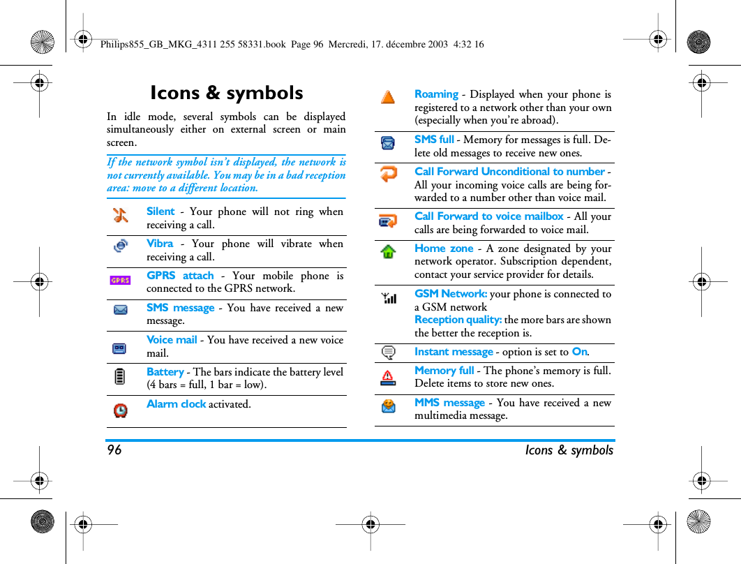 96 Icons &amp; symbolsIcons &amp; symbolsIn idle mode, several symbols can be displayedsimultaneously either on external screen or mainscreen.If the network symbol isn&rsquo;t displayed, the network isnot currently available. You may be in a bad receptionarea: move to a different location.Silent - Your phone will not ring whenreceiving a call.Vibra - Your phone will vibrate whenreceiving a call.GPRS attach - Your mobile phone isconnected to the GPRS network.SMS message - You have received a newmessage. Voice mail - You have received a new voicemail.Battery - The bars indicate the battery level(4 bars = full, 1 bar = low).Alarm clock activated.Roaming - Displayed when your phone isregistered to a network other than your own(especially when you&rsquo;re abroad).SMS full - Memory for messages is full. De-lete old messages to receive new ones.Call Forward Unconditional to number -All your incoming voice calls are being for-warded to a number other than voice mail.Call Forward to voice mailbox - All yourcalls are being forwarded to voice mail.Home zone - A zone designated by yournetwork operator. Subscription dependent,contact your service provider for details.GSM Network: your phone is connected toa GSM networkReception quality: the more bars are shownthe better the reception is.Instant message - option is set to On.Memory full - The phone&rsquo;s memory is full.Delete items to store new ones.MMS message - You have received a newmultimedia message.Philips855_GB_MKG_4311 255 58331.book  Page 96  Mercredi, 17. d&eacute;cembre 2003  4:32 16