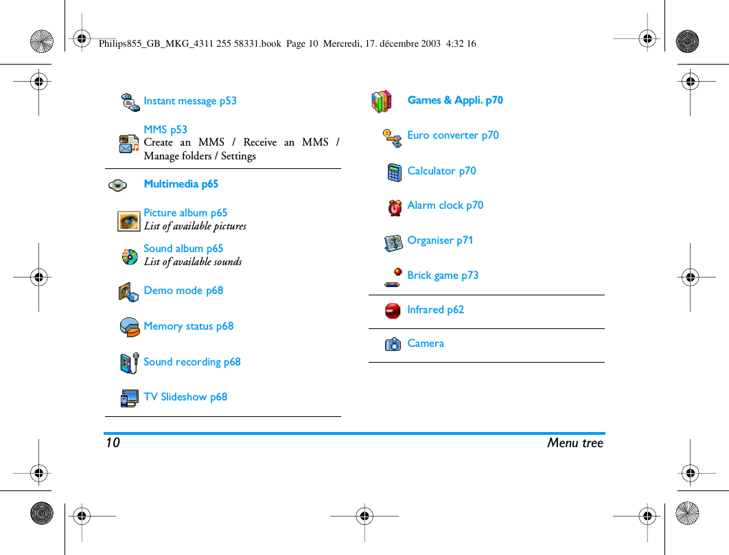 10 Menu treeInstant message p53MMS p53Create an MMS / Receive an MMS /Manage folders / SettingsMultimedia p65Picture album p65List of available picturesSound album p65List of available soundsDemo mode p68Memory status p68Sound recording p68TV Slideshow p68Games &amp; Appli. p70Euro converter p70Calculator p70Alarm clock p70Organiser p71Brick game p73Infrared p62CameraPhilips855_GB_MKG_4311 255 58331.book  Page 10  Mercredi, 17. d&eacute;cembre 2003  4:32 16