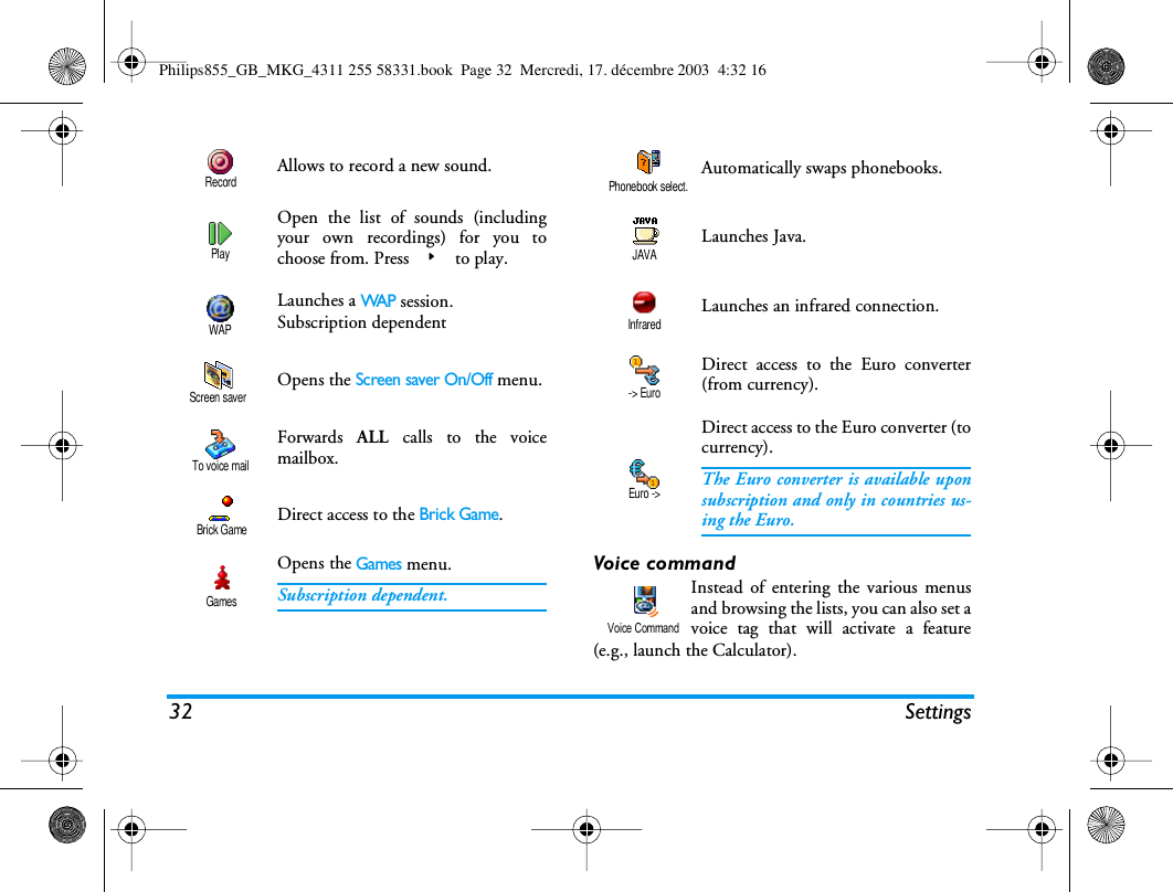 32 SettingsVoice commandInstead of entering the various menusand browsing the lists, you can also set avoice tag that will activate a feature(e.g., launch the Calculator).Allows to record a new sound.Open the list of sounds (includingyour own recordings) for you tochoose from. Press > to play.Launches a WA P session.Subscription dependentOpens the Screen saver On/Off menu.Forwards  ALL calls to the voicemailbox.Direct access to the Brick Game.Opens the Games menu.Subscription dependent.RecordPlayWAPScreen saverTo voice mailBrick GameGamesAutomatically swaps phonebooks.Launches Java.Launches an infrared connection.Direct access to the Euro converter(from currency).Direct access to the Euro converter (tocurrency).The Euro converter is available uponsubscription and only in countries us-ing the Euro.Phonebook select.JAVAInfrared-> EuroEuro ->Voice CommandPhilips855_GB_MKG_4311 255 58331.book  Page 32  Mercredi, 17. d&eacute;cembre 2003  4:32 16