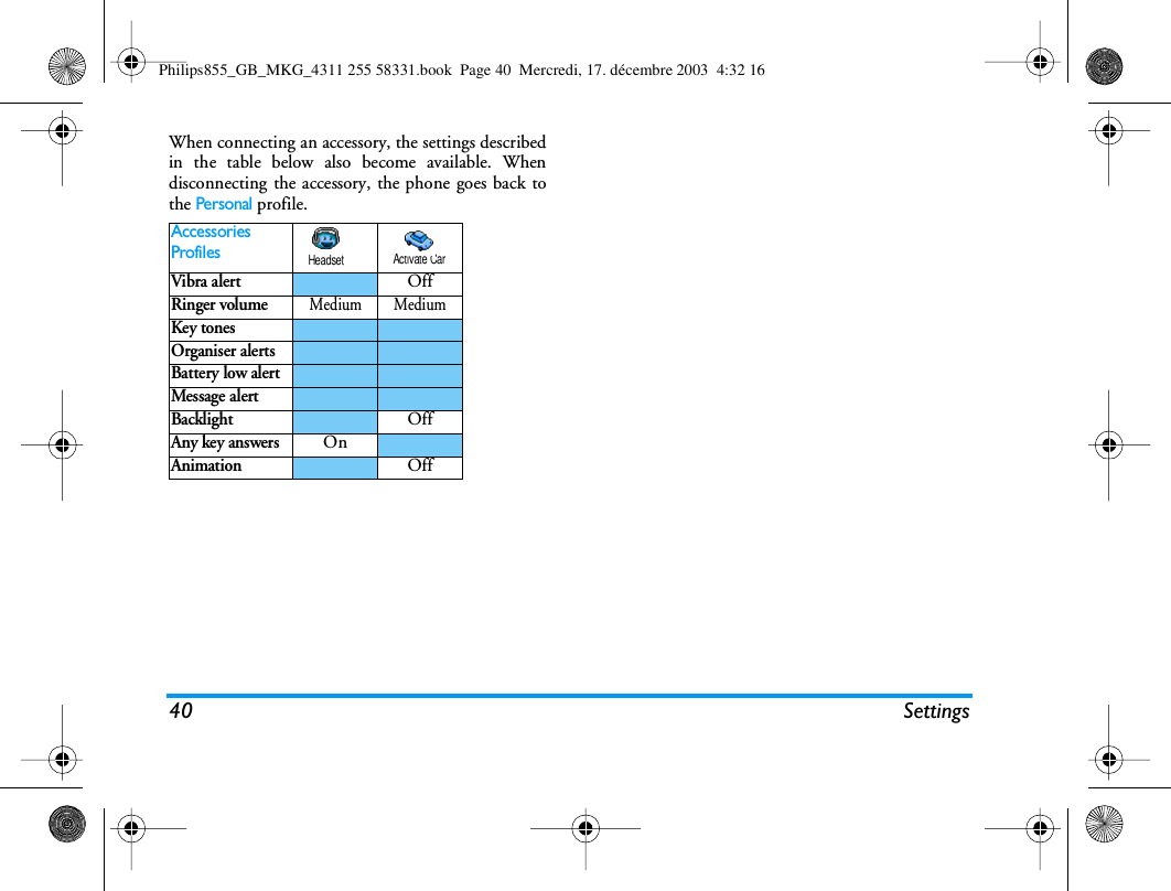 40 SettingsWhen connecting an accessory, the settings describedin the table below also become available. Whendisconnecting the accessory, the phone goes back tothe Personal profile.AccessoriesProfilesVibra alertOffRinger volumeMedium MediumKey tonesOrganiser alertsBattery low alertMessage alertBacklightOffAny key answersOnAnimationOffHeadset Activate CarPhilips855_GB_MKG_4311 255 58331.book  Page 40  Mercredi, 17. d&eacute;cembre 2003  4:32 16