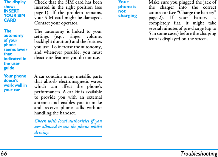 66 TroubleshootingThe display shows INSERT YOUR SIM CARDCheck that the SIM card has beeninserted in the right position (seepage 1). If the problem remains,your SIM card might be damaged.Contact your operator.The autonomy of your phone seems lower that indicated in the user guideThe autonomy is linked to yoursettings (e.g., ringer volume,backlight duration) and the featuresyou use. To increase the autonomy,and whenever possible, you mustdeactivate features you do not use.You r p h on e doesn&rsquo;t work well in your carA car contains many metallic partsthat absorb electromagnetic waveswhich can affect the phone&rsquo;sperformances. A car kit is availableto provide you with an externalantenna and enables you to makeand receive phone calls withouthandling the handset.Check with local authorities if youare allowed to use the phone whilstdriving.Yo u r phone is not chargingMake sure you plugged the jack ofthe charger into the correctconnector (see &ldquo;Charge the battery&rdquo;page 2). If your battery iscompletely flat, it might takeseveral minutes of pre-charge (up to5 in some cases) before the chargingicon is displayed on the screen.