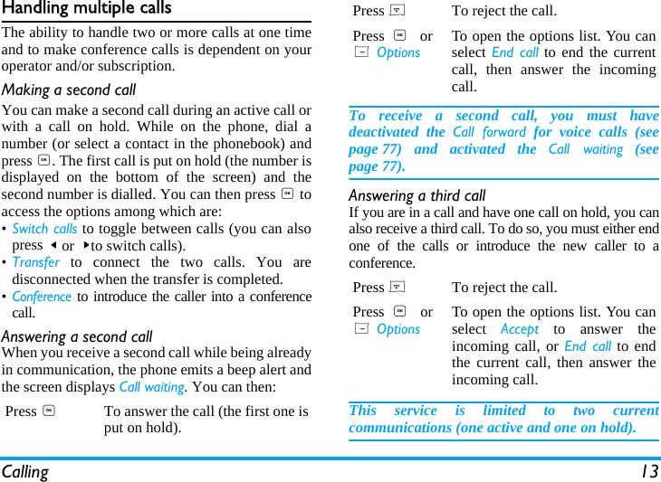 Calling 13Handling multiple callsThe ability to handle two or more calls at one timeand to make conference calls is dependent on youroperator and/or subscription.Making a second callYou can make a second call during an active call orwith a call on hold. While on the phone, dial anumber (or select a contact in the phonebook) andpress ,. The first call is put on hold (the number isdisplayed on the bottom of the screen) and thesecond number is dialled. You can then press , toaccess the options among which are:&bull;Switch calls to toggle between calls (you can alsopress < or  >to switch calls).&bull;Transfer to connect the two calls. You aredisconnected when the transfer is completed.&bull;Conference to introduce the caller into a conferencecall.Answering a second callWhen you receive a second call while being alreadyin communication, the phone emits a beep alert andthe screen displays Call waiting. You can then:To receive a second call, you must havedeactivated the Call forward for voice calls (seepage 77) and activated the Call waiting (seepage 77).Answering a third callIf you are in a call and have one call on hold, you canalso receive a third call. To do so, you must either endone of the calls or introduce the new caller to aconference.This service is limited to two currentcommunications (one active and one on hold).Press ,To answer the call (the first one isput on hold).Press )To reject the call.Press  ,  orL OptionsTo open the options list. You canselect End call to end the currentcall, then answer the incomingcall.Press )To reject the call.Press  ,  orL OptionsTo open the options list. You canselect  Accept to answer theincoming call, or End call to endthe current call, then answer theincoming call.