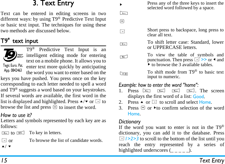 15 Text Entry3. Text EntryText can be entered in editing screens in twodifferent ways: by using T9&reg; Predictive Text Inputor basic text input. The techniques for using thesetwo methods are discussed below.T9&reg; text inputT9&reg; Predictive Text Input is anintelligent editing mode for enteringtext on a mobile phone. It allows you toenter text more quickly by anticipatingthe word you want to enter based on thekeys you have pushed. You press once on the keycorresponding to each letter needed to spell a wordand T9&reg; suggests a word based on your keystrokes.If several words are available, the first word in thelist is displayed and highlighted. Press +/- or L tobrowse the list and press , to insert the word.How to use it?Letters and symbols represented by each key are asfollows:Example: how to enter the word "home":1. Press  4 6 6 3. The screendisplays the first word of a list: Good.2. Press + or L to scroll and select Home.3. Press , or >to confirm selection of the wordHome.DictionaryIf the word you want to enter is not in the T9&reg;dictionary, you can add it to the database. PressL1>2>3 to scroll to the bottom of the list until youreach the entry represented by a series ofhighlighted underscores (_ _ _ _ _).2 to 9To key in letters.L or+/ -To browse the list of candidate words.Tegic Euro. Pat. App. 0842463>1,Press any of the three keys to insert theselected word followed by a space.LShort press to backspace, long press toclear all text.0To shift letter case: Standard, loweror UPPERCASE letters.#To view the table of symbols andpunctuation. Then press L >> or < and> to browse the 3 available tables.*To shift mode from T9&reg; to basic textinput to numeric.