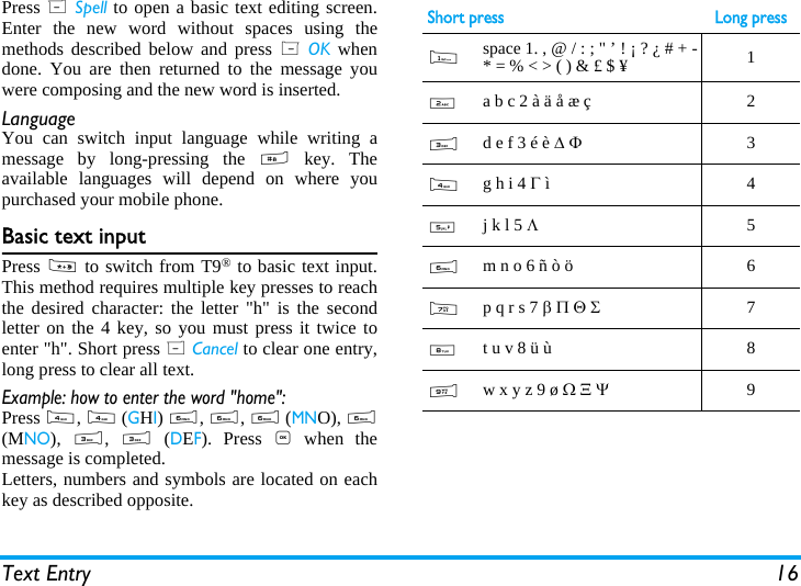 Text Entry 16Press R Spell to open a basic text editing screen.Enter the new word without spaces using themethods described below and press L OK whendone. You are then returned to the message youwere composing and the new word is inserted.LanguageYou can switch input language while writing amessage by long-pressing the # key. Theavailable languages will depend on where youpurchased your mobile phone.Basic text inputPress * to switch from T9&reg; to basic text input.This method requires multiple key presses to reachthe desired character: the letter "h" is the secondletter on the 4 key, so you must press it twice toenter "h". Short press R Cancel to clear one entry,long press to clear all text. Example: how to enter the word "home":Press 4, 4 (GHI) 6, 6, 6 (MNO), 6(MNO),  3,  3 (DEF). Press , when themessage is completed.Letters, numbers and symbols are located on eachkey as described opposite.Short press Long press1space 1. , @ / : ; " &rsquo; ! &iexcl; ? &iquest; # + -* = % < > ( ) &amp; &pound; $ &yen; 12a b c 2 &agrave; &auml; &aring; &aelig; &ccedil; 23d e f 3 &eacute; &egrave; ∆ &Phi;34g h i 4 &Gamma; &igrave;45j k l 5 &Lambda;56m n o 6 &ntilde; &ograve; &ouml;  67p q r s 7 &beta; &Pi; &Theta; &Sigma;78t u v 8 &uuml; &ugrave; 89w x y z 9 &oslash; Ω &Xi; &Psi;9