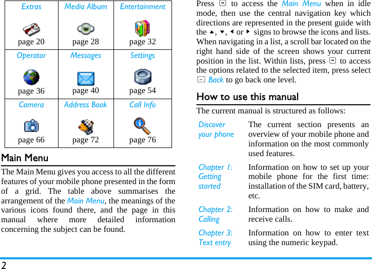 2Main MenuThe Main Menu gives you access to all the differentfeatures of your mobile phone presented in the formof a grid. The table above summarises thearrangement of the Main Menu, the meanings of thevarious icons found there, and the page in thismanual where more detailed informationconcerning the subject can be found.Press  , to access the Main Menu when in idlemode, then use the central navigation key whichdirections are represented in the present guide withthe +, -, < or > signs to browse the icons and lists.When navigating in a list, a scroll bar located on theright hand side of the screen shows your currentposition in the list. Within lists, press , to accessthe options related to the selected item, press selectR Back to go back one level.How to use this manualThe current manual is structured as follows:Extras Media Album Entertainmentpage 20 page 28 page 32Operator Messages Settingspage 36 page 40 page 54Camera Address Book Call Infopage 66 page 72 page 76Discover your phoneThe current section presents anoverview of your mobile phone andinformation on the most commonlyused features.Chapter 1: Getting startedInformation on how to set up yourmobile phone for the first time:installation of the SIM card, battery,etc.Chapter 2: CallingInformation on how to make andreceive calls.Chapter 3: Text entryInformation on how to enter textusing the numeric keypad.