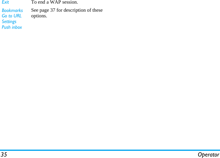 35 OperatorExit To end a WAP session.BookmarksGo to URLSettingsPush inboxSee page 37 for description of theseoptions.