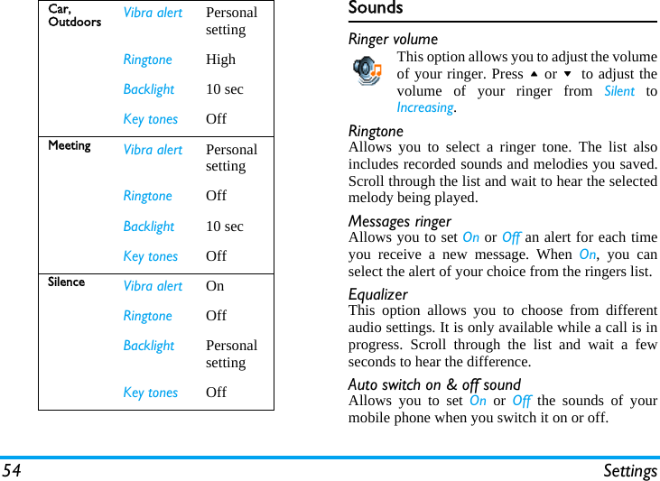 54 SettingsSoundsRinger volumeThis option allows you to adjust the volumeof your ringer. Press + or -  to adjust thevolume of your ringer from Silent toIncreasing.RingtoneAllows you to select a ringer tone. The list alsoincludes recorded sounds and melodies you saved.Scroll through the list and wait to hear the selectedmelody being played.Messages ringerAllows you to set On or Off an alert for each timeyou receive a new message. When On, you canselect the alert of your choice from the ringers list.EqualizerThis option allows you to choose from differentaudio settings. It is only available while a call is inprogress. Scroll through the list and wait a fewseconds to hear the difference.Auto switch on &amp; off soundAllows you to set On or Off the sounds of yourmobile phone when you switch it on or off.Car, Outdoors Vibra alert PersonalsettingRingtone HighBacklight 10 secKey tones OffMeeting Vibra alert PersonalsettingRingtone OffBacklight 10 secKey tones OffSilence Vibra alert OnRingtone OffBacklight PersonalsettingKey tones Off