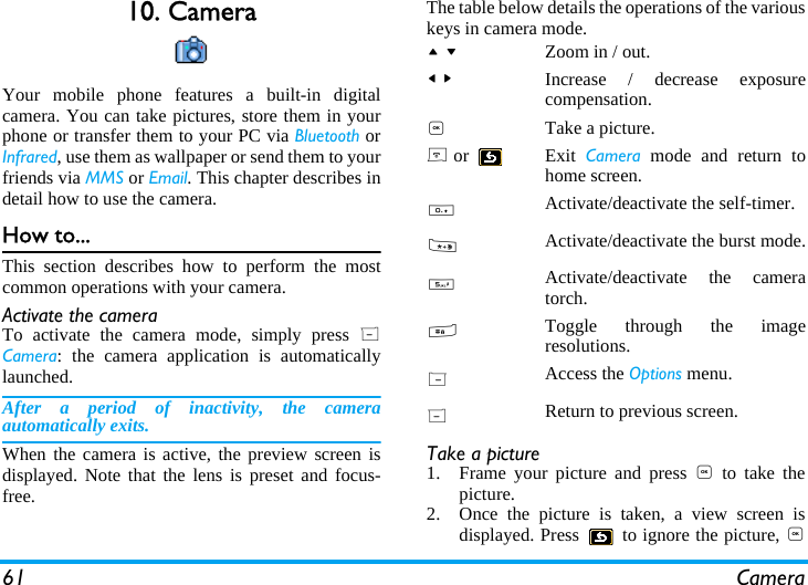 61 Camera10. CameraYour mobile phone features a built-in digitalcamera. You can take pictures, store them in yourphone or transfer them to your PC via Bluetooth orInfrared, use them as wallpaper or send them to yourfriends via MMS or Email. This chapter describes indetail how to use the camera.How to...This section describes how to perform the mostcommon operations with your camera.Activate the camera To activate the camera mode, simply press RCamera: the camera application is automaticallylaunched.After a period of inactivity, the cameraautomatically exits.When the camera is active, the preview screen isdisplayed. Note that the lens is preset and focus-free.The table below details the operations of the variouskeys in camera mode.Take a picture1. Frame your picture and press , to take thepicture.2. Once the picture is taken, a view screen isdisplayed. Press   to ignore the picture, ,+ -Zoom in / out.< >Increase / decrease exposurecompensation.,Take a picture.) or  Exit  Camera mode and return tohome screen.0Activate/deactivate the self-timer.*Activate/deactivate the burst mode.5Activate/deactivate the cameratorch.#Toggle through the imageresolutions.LAccess the Options menu.RReturn to previous screen.