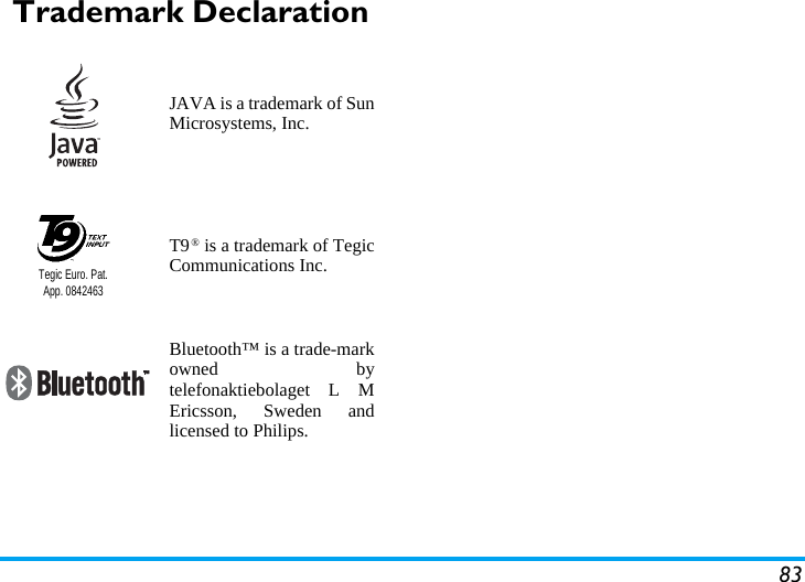 83Trademark DeclarationJAVA is a trademark of SunMicrosystems, Inc.T9&reg; is a trademark of TegicCommunications Inc.Bluetooth&trade; is a trade-markowned bytelefonaktiebolaget L MEricsson, Sweden andlicensed to Philips.Tegic Euro. Pat. App. 0842463