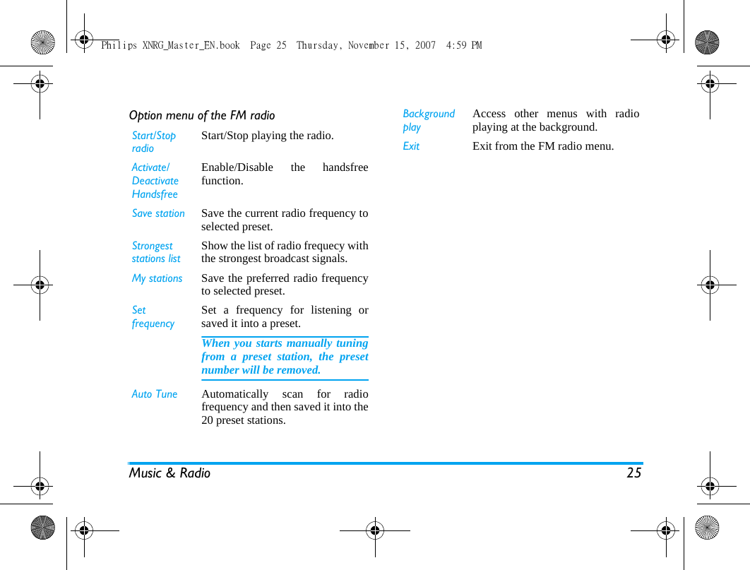 Music &amp; Radio 25Option menu of the FM radioStart/Stop radioStart/Stop playing the radio. Activate/Deactivate HandsfreeEnable/Disable the handsfreefunction.Save station Save the current radio frequency toselected preset.Strongest  stations listShow the list of radio frequecy withthe strongest broadcast signals.My stations Save the preferred radio frequencyto selected preset.Set frequencySet a frequency for listening orsaved it into a preset.When you starts manually tuningfrom a preset station, the presetnumber will be removed.Auto Tune Automatically scan for radiofrequency and then saved it into the20 preset stations.Backgroundplay Access other menus with radioplaying at the background.Exit Exit from the FM radio menu.Philips XNRG_Master_EN.book  Page 25  Thursday, November 15, 2007  4:59 PM