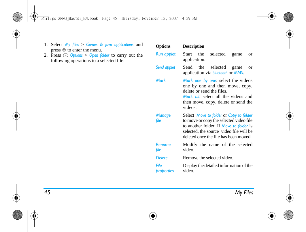 45 My Files1. Select My files > Games &amp; Java applications andpress , to enter the menu.2. Press L Options > Open folder to carry out thefollowing operations to a selected file:Options DescriptionRun applet Start the selected game orapplication.Send appletSend the selected game orapplication via bluetooth or MMS.Mark  Mark one by one: select the videosone by one and then move, copy,delete or send the files. Mark all: select all the videos andthen move, copy, delete or send thevideos. ManagefileSelect  Move to folder or Copy to folderto move or copy the selected video fileto another folder. If Move to folder isselected, the source  video file will bedeleted once the file has been moved.RenamefileModify the name of the selectedvideo.Delete Remove the selected video.FilepropertiesDisplay the detailed information of thevideo.Philips XNRG_Master_EN.book  Page 45  Thursday, November 15, 2007  4:59 PM