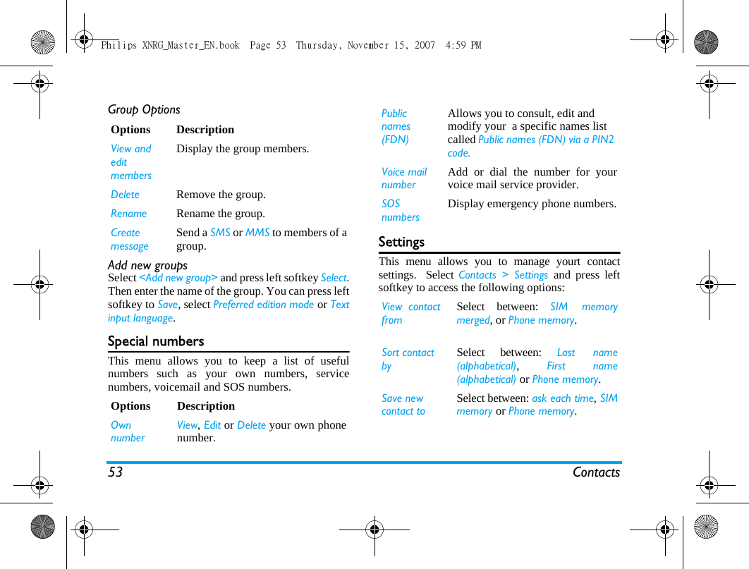 53 ContactsGroup OptionsAdd new groupsSelect <Add new group> and press left softkey Select.Then enter the name of the group. You can press leftsoftkey to Save, select Preferred edition mode or Textinput language.Special numbersThis menu allows you to keep a list of usefulnumbers such as your own numbers, servicenumbers, voicemail and SOS numbers.Settings This menu allows you to manage yourt contactsettings.  Select Contacts > Settings and press leftsoftkey to access the following options:Options DescriptionView and edit membersDisplay the group members.Delete Remove the group.Rename Rename the group.Create messageSend a SMS or MMS to members of agroup.Options DescriptionOwn numberView, Edit or Delete your own phonenumber.Public names (FDN)Allows you to consult, edit and modify your  a specific names list called Public names (FDN) via a PIN2 code.   Voice mail numberAdd or dial the number for yourvoice mail service provider.SOS numbersDisplay emergency phone numbers.View  contact fromSelect between: SIM memorymerged, or Phone memory. Sort contact bySelect between: Last name(alphabetical), First name(alphabetical) or Phone memory.Save new contact toSelect between: ask each time, SIMmemory or Phone memory.Philips XNRG_Master_EN.book  Page 53  Thursday, November 15, 2007  4:59 PM