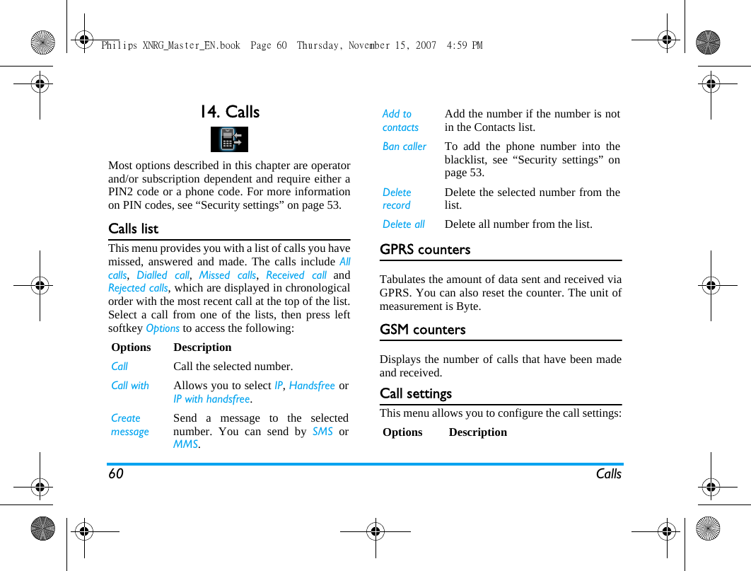 60 Calls14. CallsMost options described in this chapter are operatorand/or subscription dependent and require either aPIN2 code or a phone code. For more informationon PIN codes, see &ldquo;Security settings&rdquo; on page 53.Calls listThis menu provides you with a list of calls you havemissed, answered and made. The calls include Allcalls,  Dialled call,  Missed calls,  Received call andRejected calls, which are displayed in chronologicalorder with the most recent call at the top of the list.Select a call from one of the lists, then press leftsoftkey Options to access the following:GPRS countersTabulates the amount of data sent and received viaGPRS. You can also reset the counter. The unit ofmeasurement is Byte.GSM countersDisplays the number of calls that have been madeand received.Call settingsThis menu allows you to configure the call settings:Options DescriptionCall Call the selected number.Call with  Allows you to select IP, Handsfree orIP with handsfree.Create messageSend a message to the selectednumber. You can send by SMS orMMS.Add to contactsAdd the number if the number is notin the Contacts list.Ban caller To add the phone number into theblacklist, see &ldquo;Security settings&rdquo; onpage 53.Delete recordDelete the selected number from thelist.Delete all  Delete all number from the list.Options DescriptionPhilips XNRG_Master_EN.book  Page 60  Thursday, November 15, 2007  4:59 PM