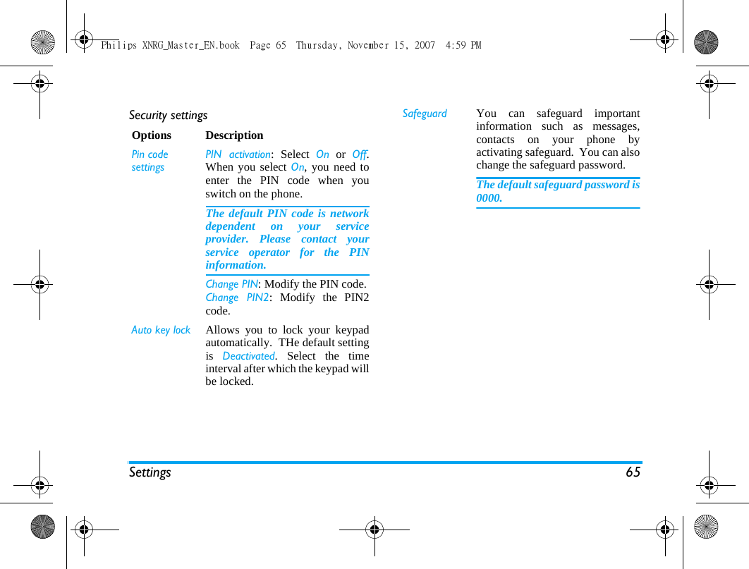 Settings 65Security settingsOptions DescriptionPin code settingsPIN activation: Select On or Off.When you select On, you need toenter the PIN code when youswitch on the phone. The default PIN code is networkdependent on your serviceprovider. Please contact yourservice operator for the PINinformation.Change PIN: Modify the PIN code.Change PIN2: Modify the PIN2code.Auto key lock Allows you to lock your keypadautomatically.  THe default settingis  Deactivated. Select the timeinterval after which the keypad willbe locked.Safeguard You can safeguard importantinformation such as messages,contacts on your phone byactivating safeguard.  You can alsochange the safeguard password.The default safeguard password is0000.Philips XNRG_Master_EN.book  Page 65  Thursday, November 15, 2007  4:59 PM
