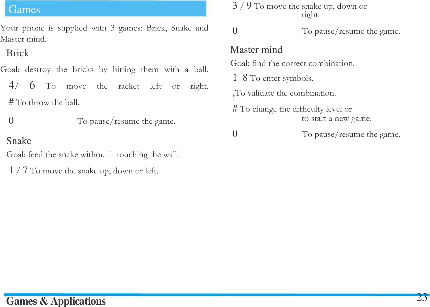   Games 4       ; !" #  +!$Brick *"         !    $4 6 &amp; !       $#&amp;  $0  &amp;! !$Snake *"    $17&amp;! #$Games &amp; Applications 39&amp;! # $0  &amp;! !$Master mind *" !$158&amp;!$,&amp; !$#&amp;  !$0  &amp;! !$23  