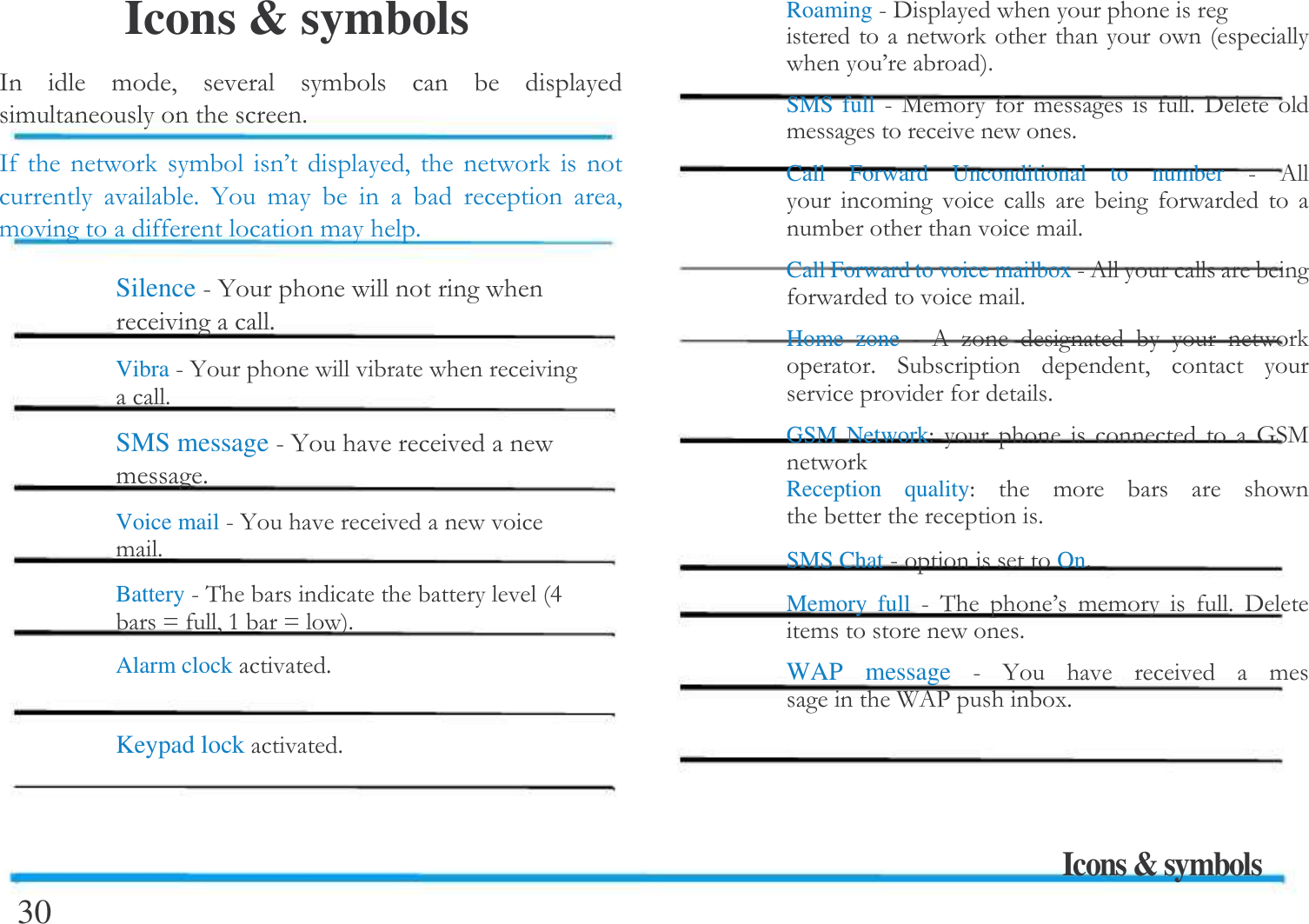  Icons &amp; symbols /  !#  !   ! $/   !B#     $ 4 !      #!! $Silence54  $Vibra54  $SMS message54 !$Voice mail54 !$Battery5&amp;  <`#`$Alarm clock$Keypad lock$30 Roaming56     B$SMS full5+! ! $6 !$Call  Forward  Unconditional  to  number 5 0 !       !  !$Call Forward to voice mailbox50!$Home  zone 5 0 [    $  #  $GSM Network"        *+Reception  quality"   !      $SMS Chat5On$Memory  full 5 &amp;   B !!  $ 6!$WAP  message 5 4     ! A 0- ($Icons &amp; symbols  