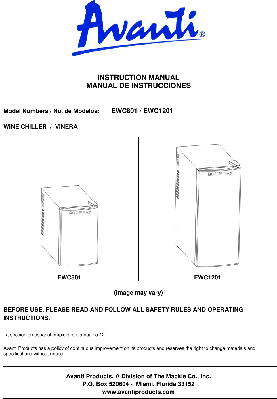 Avanti Ewc1201 Owners Manual