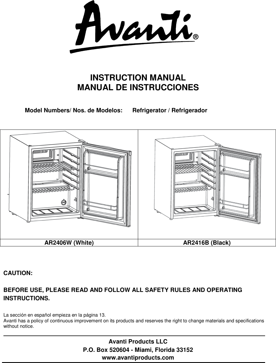 Avanti Refrigerator Ar2416B Users Manual