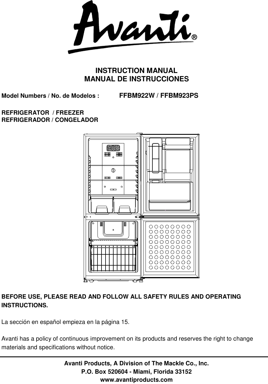 Avanti Refrigerator Ffbm923Ps Users Manual