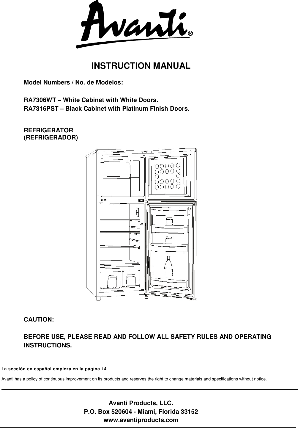 Avanti Refrigerator Ra7306Wt Users Manual