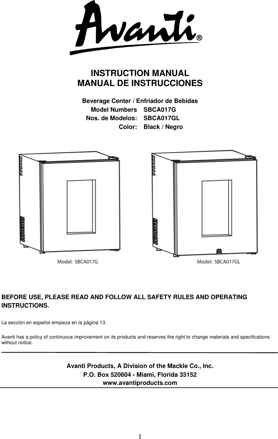 Avanti Sbca017g Users Manual Sbca017gl 09072010