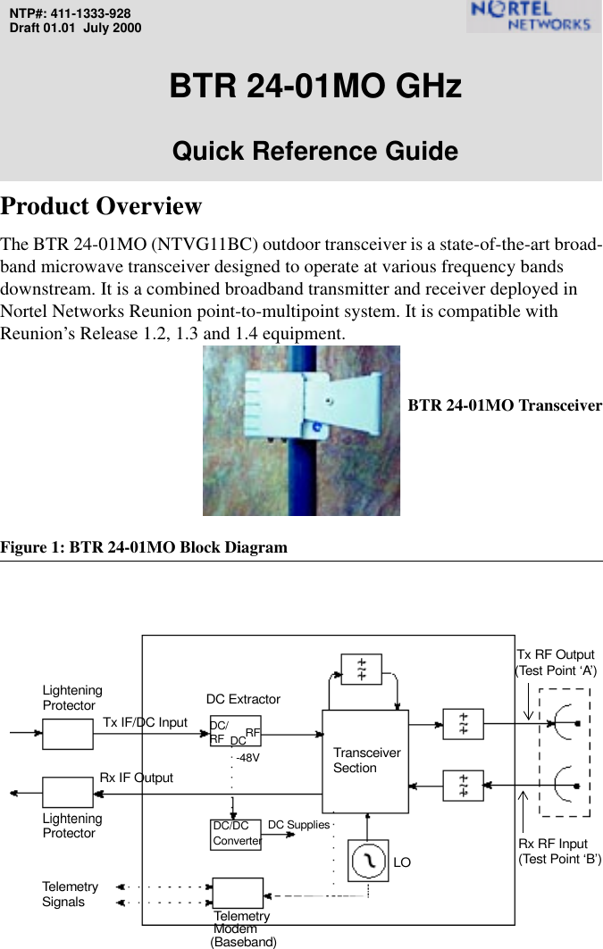 NTP#: 411-1333-928Draft 01.01  July 2000BTR 24-01MO GHz Quick Reference GuideProduct OverviewThe BTR 24-01MO (NTVG11BC) outdoor transceiver is a state-of-the-art broad-band microwave transceiver designed to operate at various frequency bands downstream. It is a combined broadband transmitter and receiver deployed in Nortel Networks Reunion point-to-multipoint system. It is compatible with Reunion’s Release 1.2, 1.3 and 1.4 equipment.Figure 1: BTR 24-01MO Block DiagramLORx IF OutputDC/DCTelemetryTx IF/DC InputDC ExtractorTransceiverLighteningSectionProtectorLighteningProtectorTelemetrySignalsRx RF Input(Test Point ‘B’)(Test Point ‘A’)Tx RF OutputModem(Baseband)ConverterDC/RF DC-48VRFDC SuppliesBTR 24-01MO Transceiver