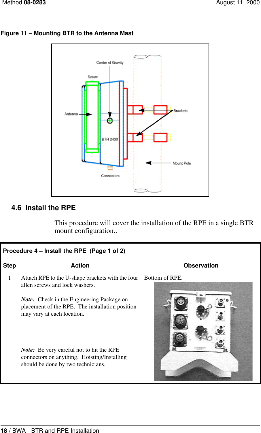18 / BWA - BTR and RPE Installation Method 08-0283 August 11, 2000Figure 11 – Mounting BTR to the Antenna Mast 4.6  Install the RPEThis procedure will cover the installation of the RPE in a single BTR mount configuration.. Procedure 4 – Install the RPE  (Page 1 of 2)Step Action Observation1Attach RPE to the U-shape brackets with the four allen screws and lock washers. Note:  Check in the Engineering Package on placement of the RPE.  The installation position may vary at each location.Note:  Be very careful not to hit the RPE connectors on anything.  Hoisting/Installing should be done by two technicians.Bottom of RPE.
