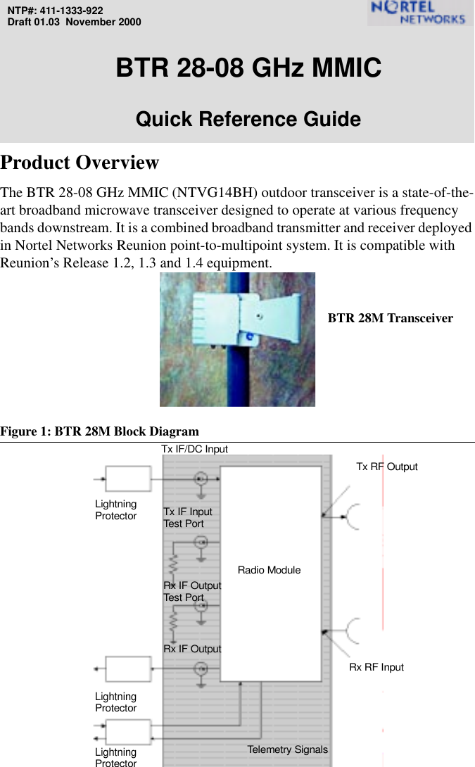 NTP#: 411-1333-922Draft 01.03  November 2000BTR 28-08 GHz MMICQuick Reference GuideProduct OverviewThe BTR 28-08 GHz MMIC (NTVG14BH) outdoor transceiver is a state-of-the-art broadband microwave transceiver designed to operate at various frequency bands downstream. It is a combined broadband transmitter and receiver deployed in Nortel Networks Reunion point-to-multipoint system. It is compatible with Reunion’s Release 1.2, 1.3 and 1.4 equipment.Figure 1: BTR 28M Block DiagramRx IF OutputTx IF InputLightningRadio ModuleProtectorLightningProtectorRx RF InputTx RF OutputTest PortRx IF OutputTest PortLightningProtectorTelemetry SignalsBTR 28M TransceiverTx IF/DC Input